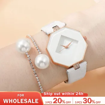 2pcs бял прост часовник кристал перлена гривна за жени личност нередовно кварцов часовник гривна комплект