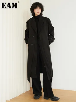 [EAM] Loose Fit Casual Black Bigf Size Woolen Coat Parkas New Lapel Long Sleeve Women Fashion Tide Autumn Winter 2024 1DF4183