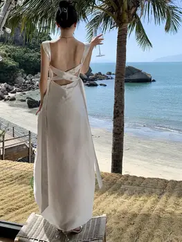 бял френски елегантен без ръкави секси без гръб плаж приплъзване рокли жени 2023 лятна мода рожден ден парти дълга рокля простота