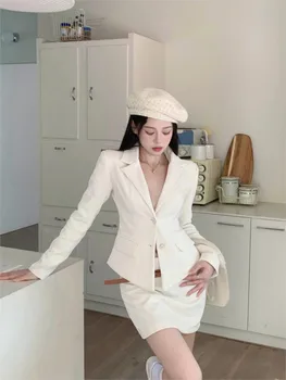 Дамски елегантен твърд тънък блейзър и мини поли 2 части комплект корейски дълъг ръкав яке еднореден блейзър костюм