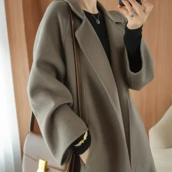 Корейски двустранно вълнено палто за жени дълго, коляното дължина плътен цвят жени палто туид яке