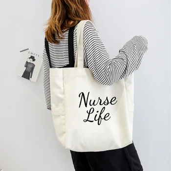 Медицинска сестра живот писма смешно отпечатани едно рамо чанта голям капацитет дами голяма пазарска чанта платно чанта жени пазарска чанта
