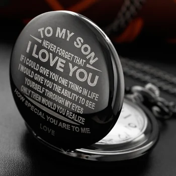 Най-добър перфектен подарък за моя син кварцов джобен часовник черен Обичам те 3D гравиран стоманен фоб верижен часовник Най-добър подарък за мъже и жени